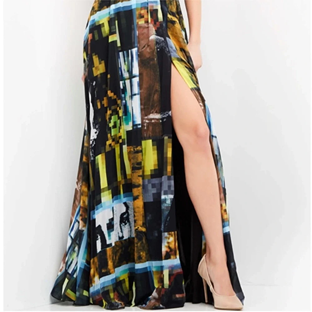 NEW JOVANI SZ 2 HALTER CHIFFON ABSTRACT PRINT HIGH SLIT FORMAL EVENING GOWN - Picture 14 of 16